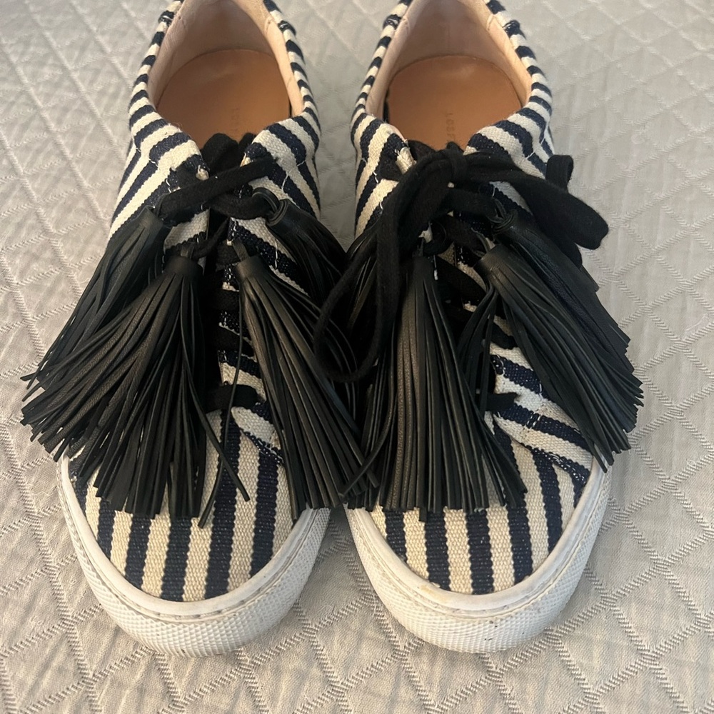 Loeffler Randall Black and White Sneakers with Striped Pattern and Fringe Detail